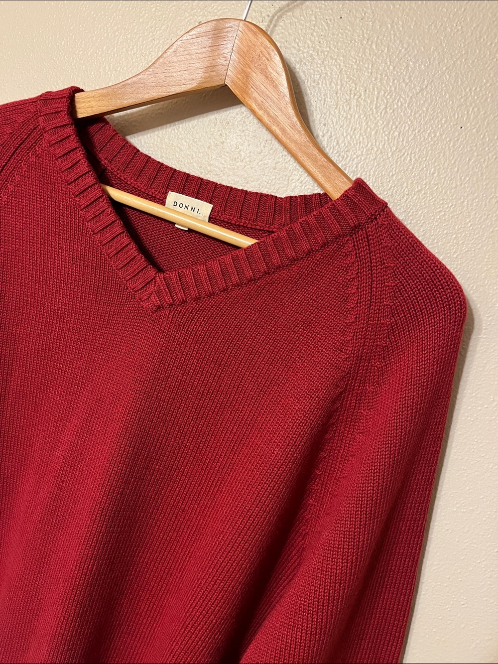 DONNI. Cotton Cashmere V-Neck Sweater in Rouge - Picture 5 of 10
